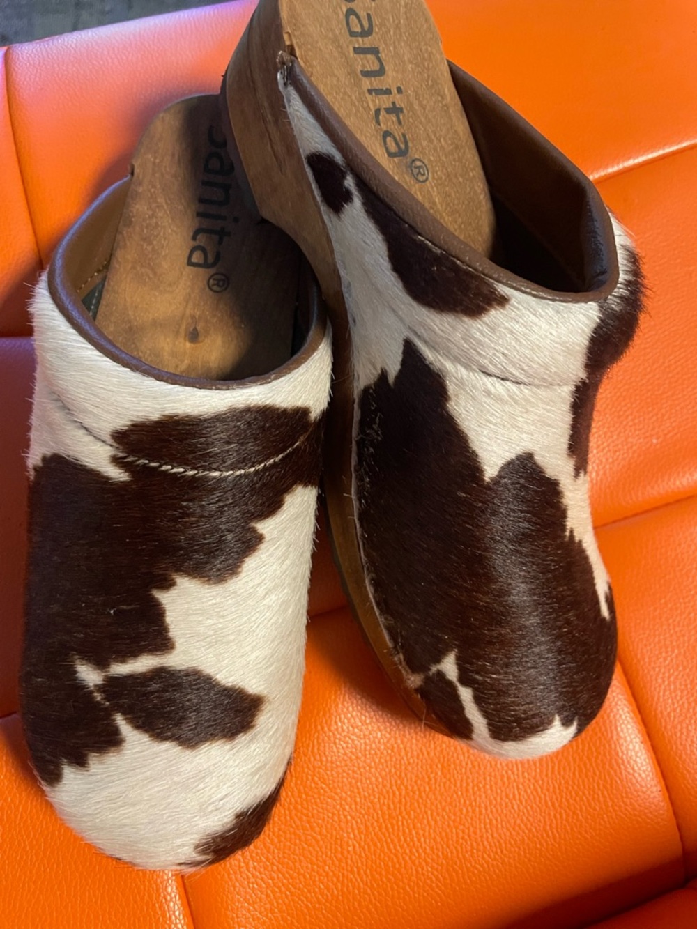 Sanita Brown and White Cowhide Clogs